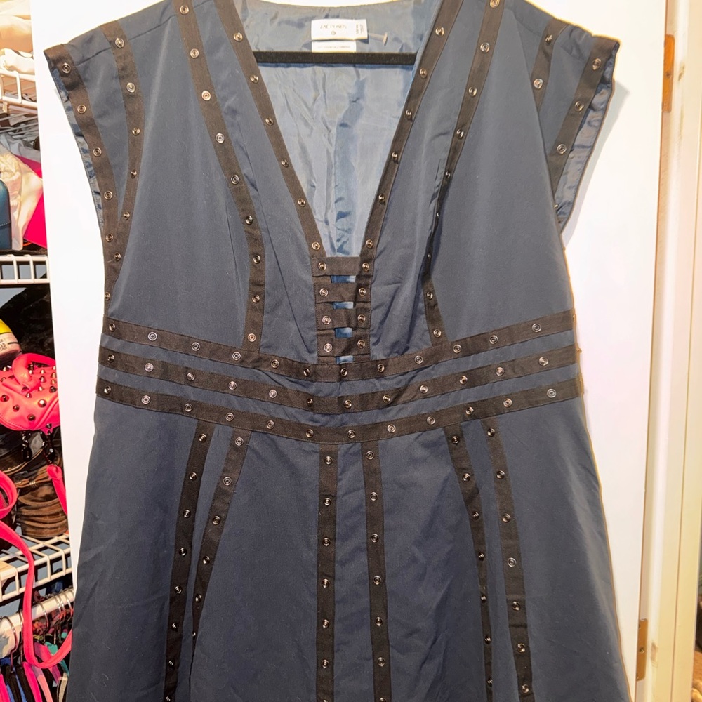Zac Posen Navy Midi Dress with Studded Trim
